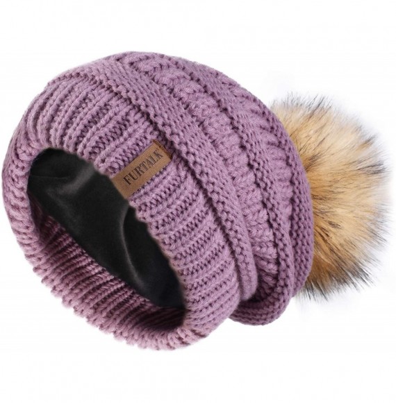 Skullies & Beanies Winter Slouchy Beanie Hats Women Fleece Lined Warm Ski Knitted Pom Pom Hat - 17-purple - CT18ULUK7RM