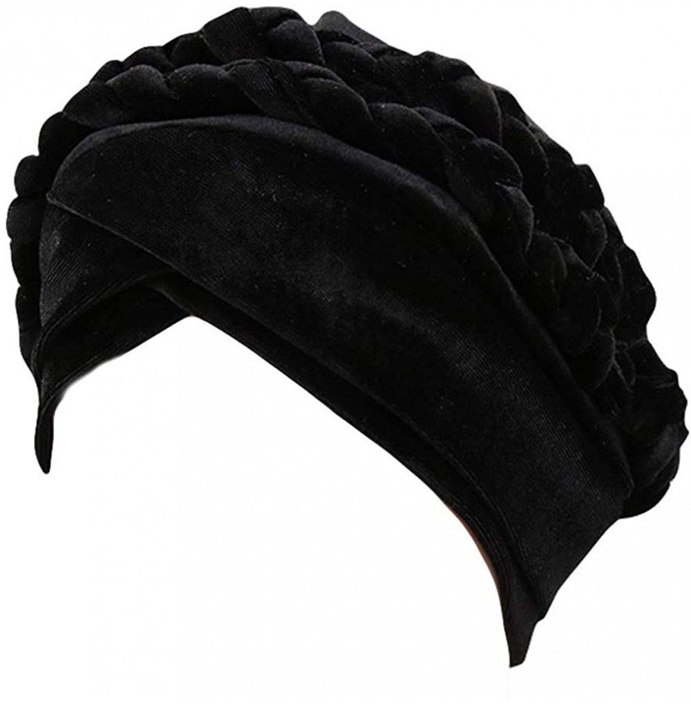 Skullies & Beanies Women Braid Velvet Muslim Stretch Turban Hat Twist Braid Cap Head Scarf Wrap Cap - Black - C618SYON60W