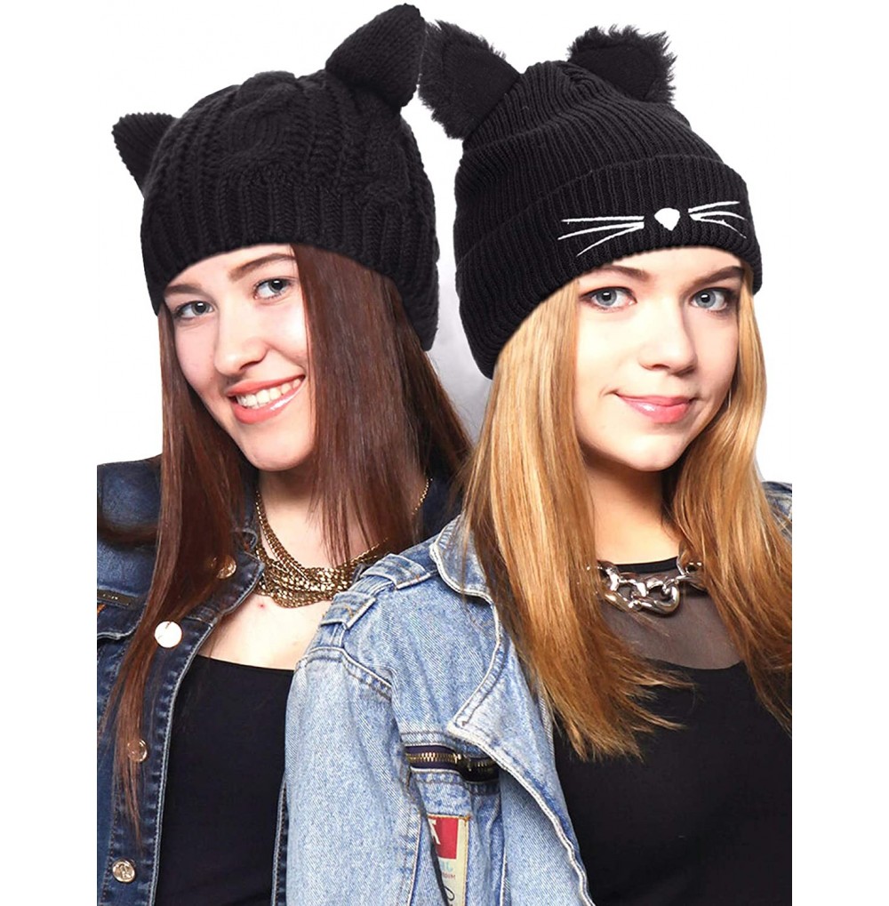 Skullies & Beanies 2 Pieces Winter Cat Ears Hats Soft Warm Knit Beanie Cap with 2 Pieces Pompoms for Women Girls - C118AWT9MZ7