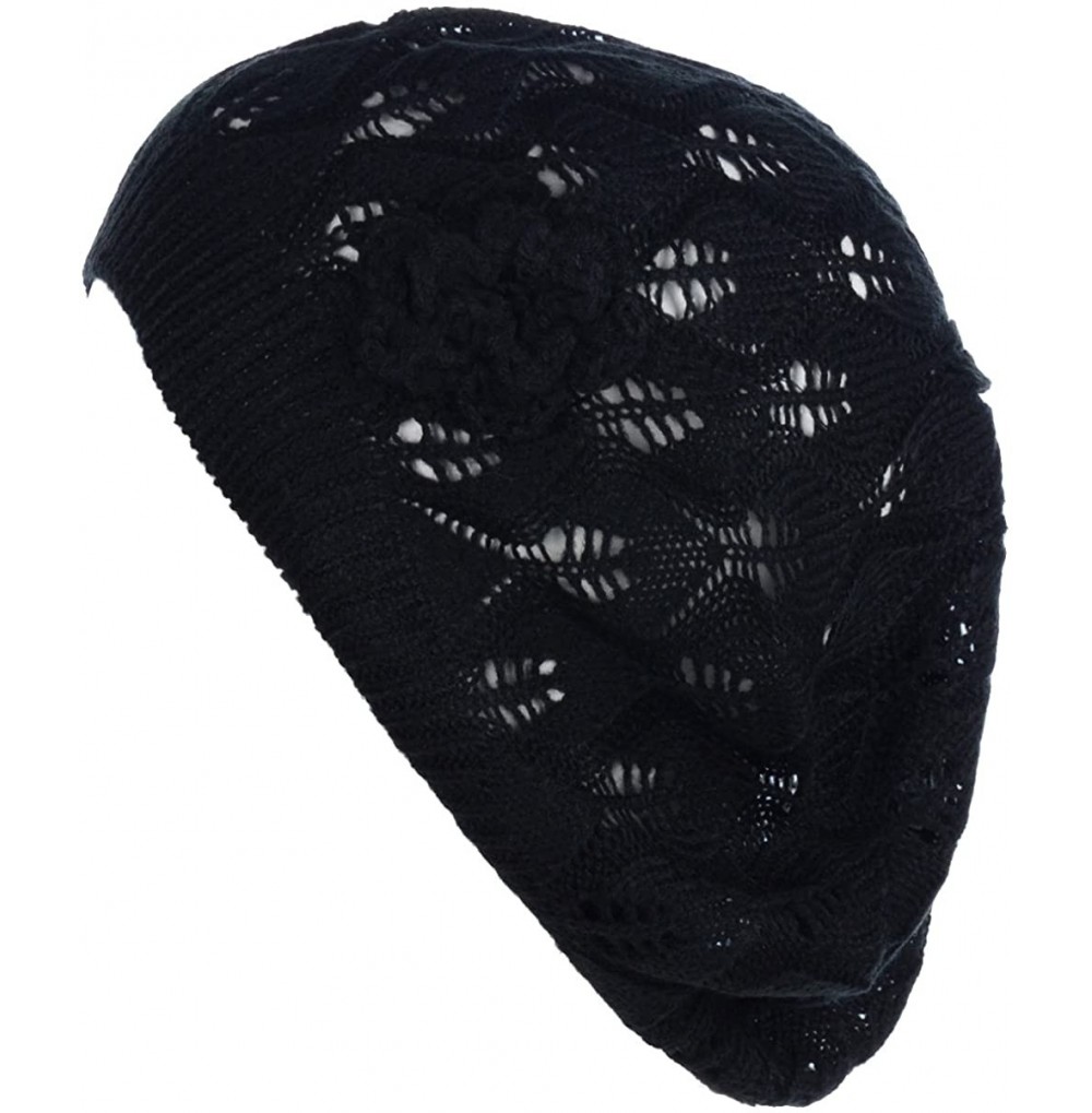 Berets Open Weave Womens Crochet Mesh Beanie Hat Flower Fashion Soft Knit Beret Cap - 2680black - C0194X2A02H