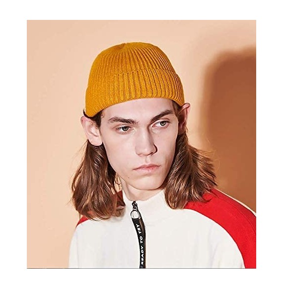 Skullies & Beanies 50% Wool Short Knit Fisherman Beanie for Men Women Winter Cuffed Hats - Yellow - CE18AA0SG9D