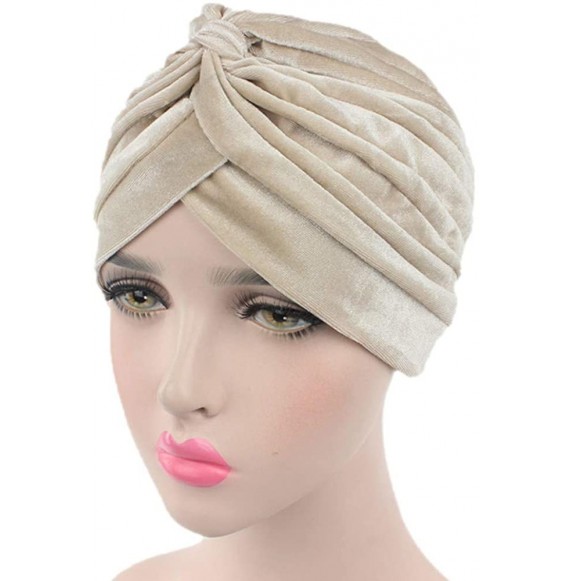 Skullies & Beanies Pleated Stretch Ruffle Women's Velvet Chemo Turban Hat Wrap Cover - Beige - C0186O0UUHH