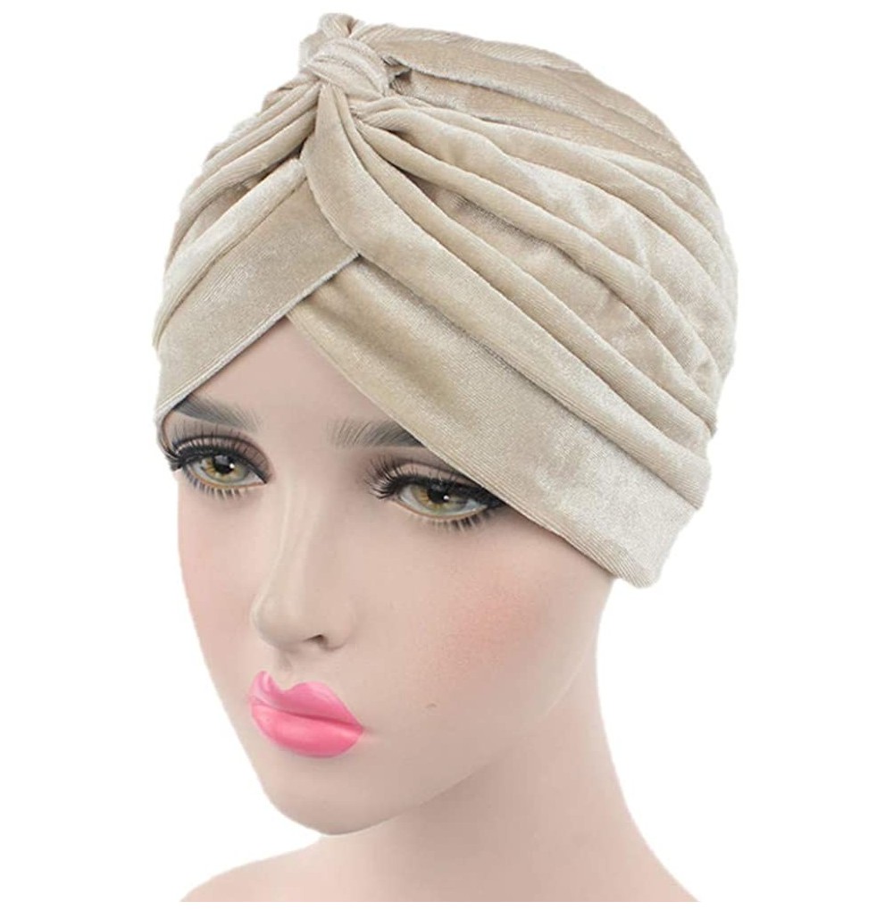Skullies & Beanies Pleated Stretch Ruffle Women's Velvet Chemo Turban Hat Wrap Cover - Beige - C0186O0UUHH