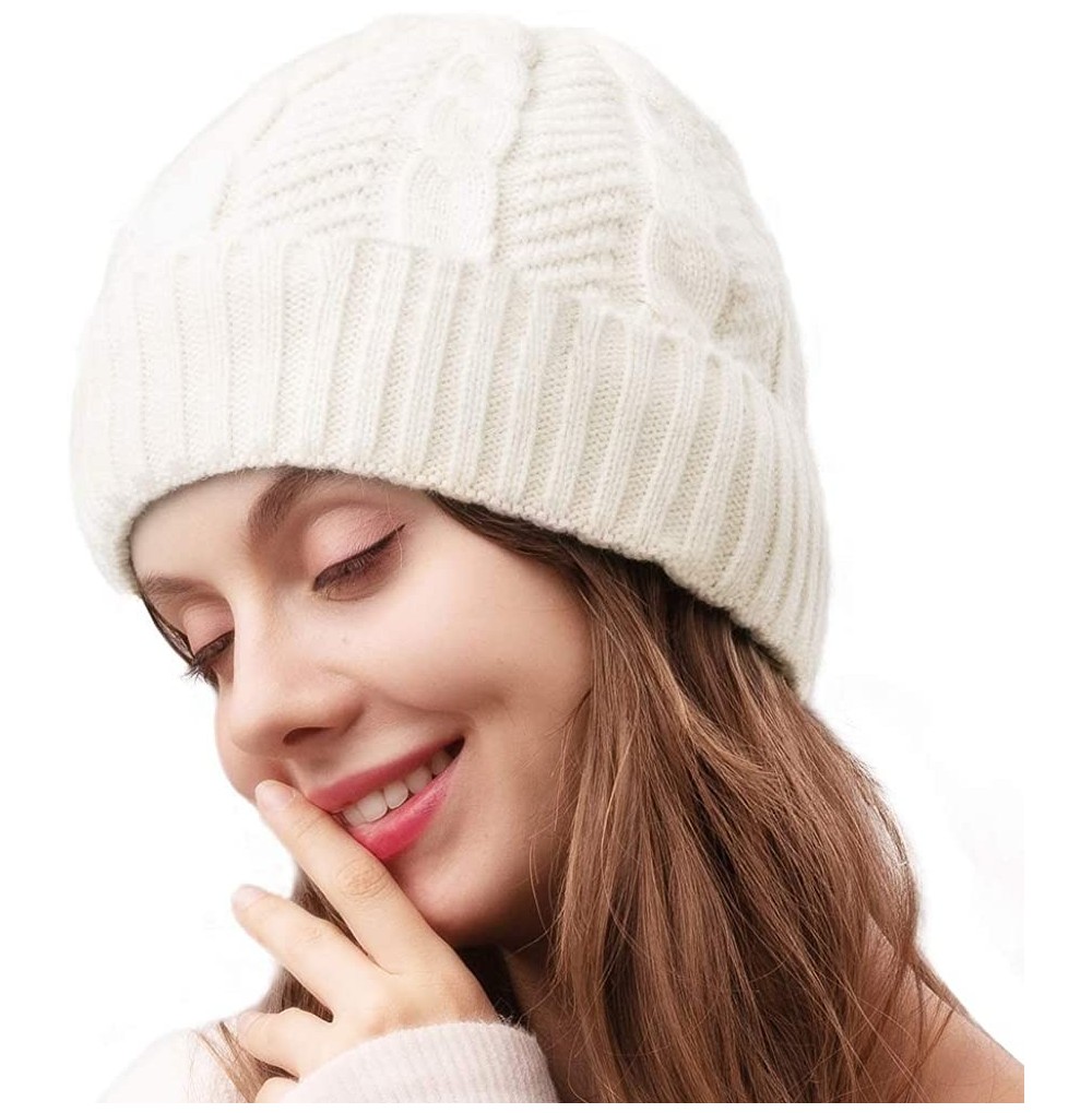 Skullies & Beanies Beanie Hat for Men Women Cuffed Winter Hats Cable Knit Warm Fleece Lining Skull Cap - Light Beige - CB18WI...