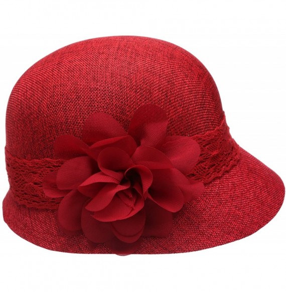 Bucket Hats Women's Gatsby Linen Cloche Hat With Lace Band and Flower - Red - CL12ER3904T