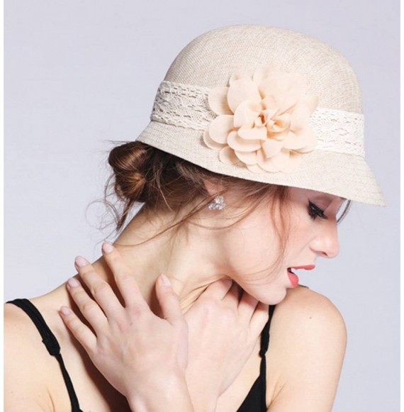Bucket Hats Women's Gatsby Linen Cloche Hat With Lace Band and Flower - Red - CL12ER3904T