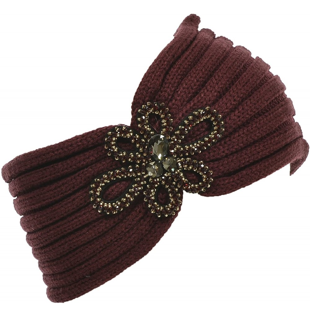 Cold Weather Headbands Floral Knitted Headband Headwrap Rhinestone Warmth - Burgundy. - CR12GUFW93V