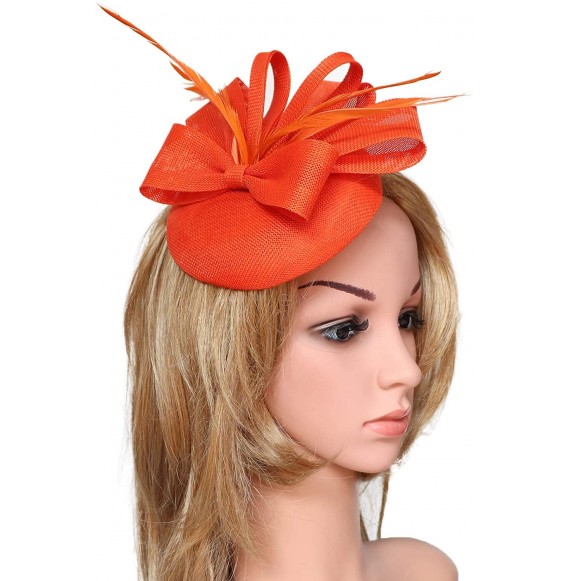 Berets Womens Fascinator Hat Sinamay Pillbox Flower Feather Tea Party Derby Wedding Headwear - A Orange - CV18ANZ0G3D