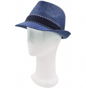 Fedoras Premium Classic Fedora Straw Hat with Navy Striped Trim Band - Diff Colors Avail - Navy Blue - CF12C749DI3