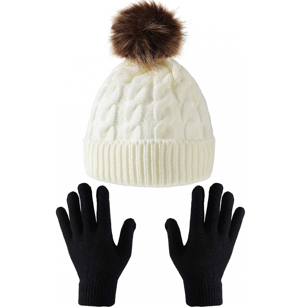 Skullies & Beanies Women's Winter Knitted Beanie Hat with Faux Fur Pom Slouchy Hat and Full Finger Knitted Gloves - White Hat...