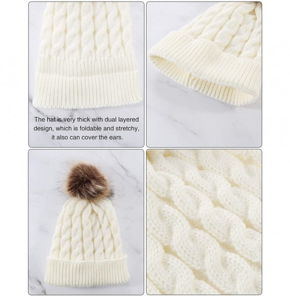 Skullies & Beanies Women's Winter Knitted Beanie Hat with Faux Fur Pom Slouchy Hat and Full Finger Knitted Gloves - White Hat...