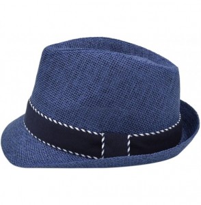Fedoras Premium Classic Fedora Straw Hat with Navy Striped Trim Band - Diff Colors Avail - Navy Blue - CF12C749DI3