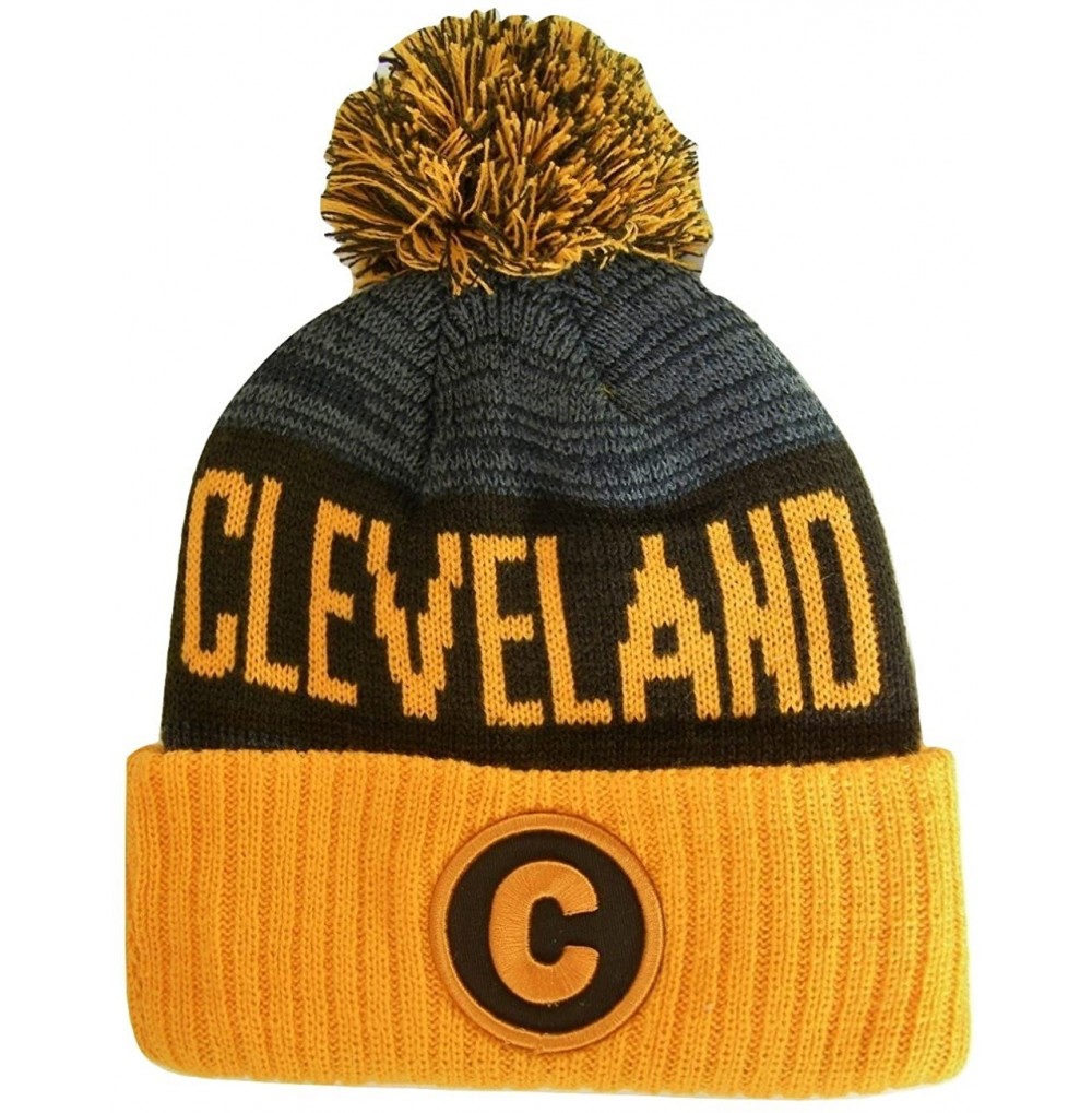 Skullies & Beanies Cleveland C Patch Ribbed Cuff Knit Winter Hat Pom Beanie - Orange/Brown Patch - CD188LGEXDW