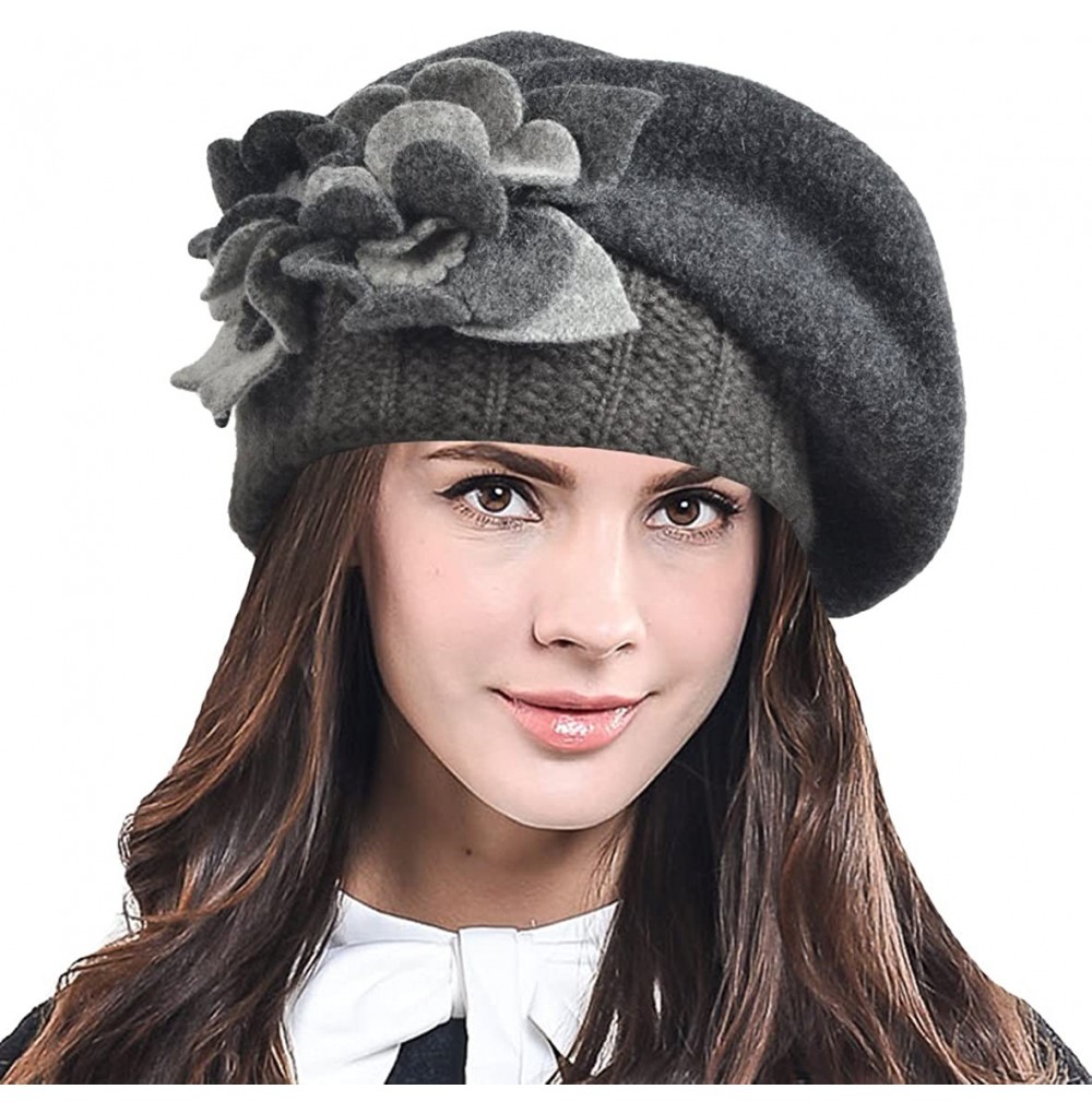 Berets Lady French Beret Wool Beret Chic Beanie Winter Hat Jf-br034 - Floral Grey - C512OCB08FQ