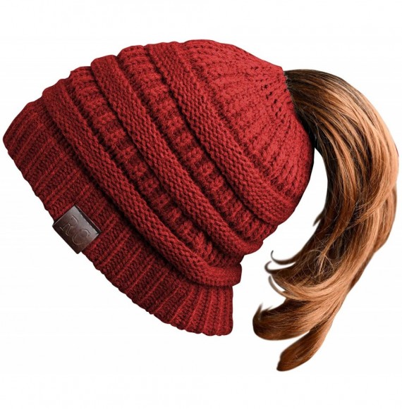 Skullies & Beanies Women Ponytail Beanie Messy Bun Style Hat Stretchy Cable Knit Wool Slouchy Skull Winter - Red - CH18L7SOWQW
