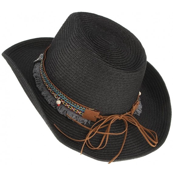 Cowboy Hats Men Women Woven Straw Cowboy Hat National Wind Jazz Hat Cap - Black - CG1824TG64N