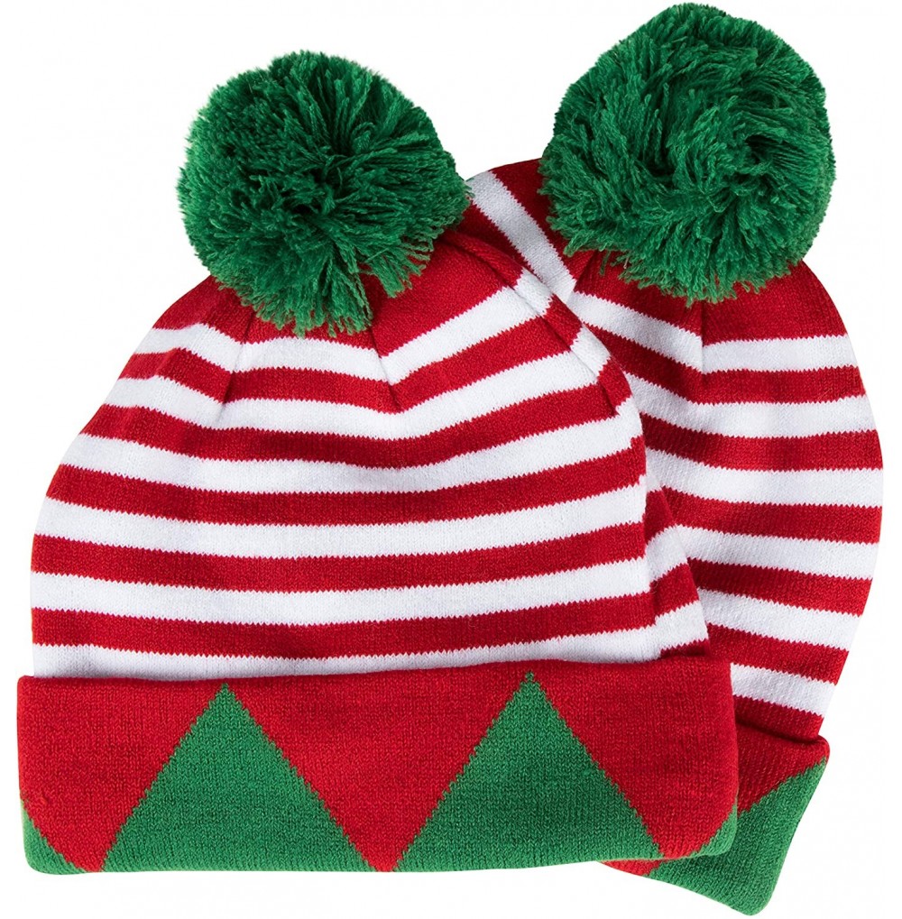 Skullies & Beanies Christmas Beanie Hat - 2-Pack Santa Elf Pom Pom Cuffed Fold Beanie- Red Green and White- Adults - CN18EIIW2EW