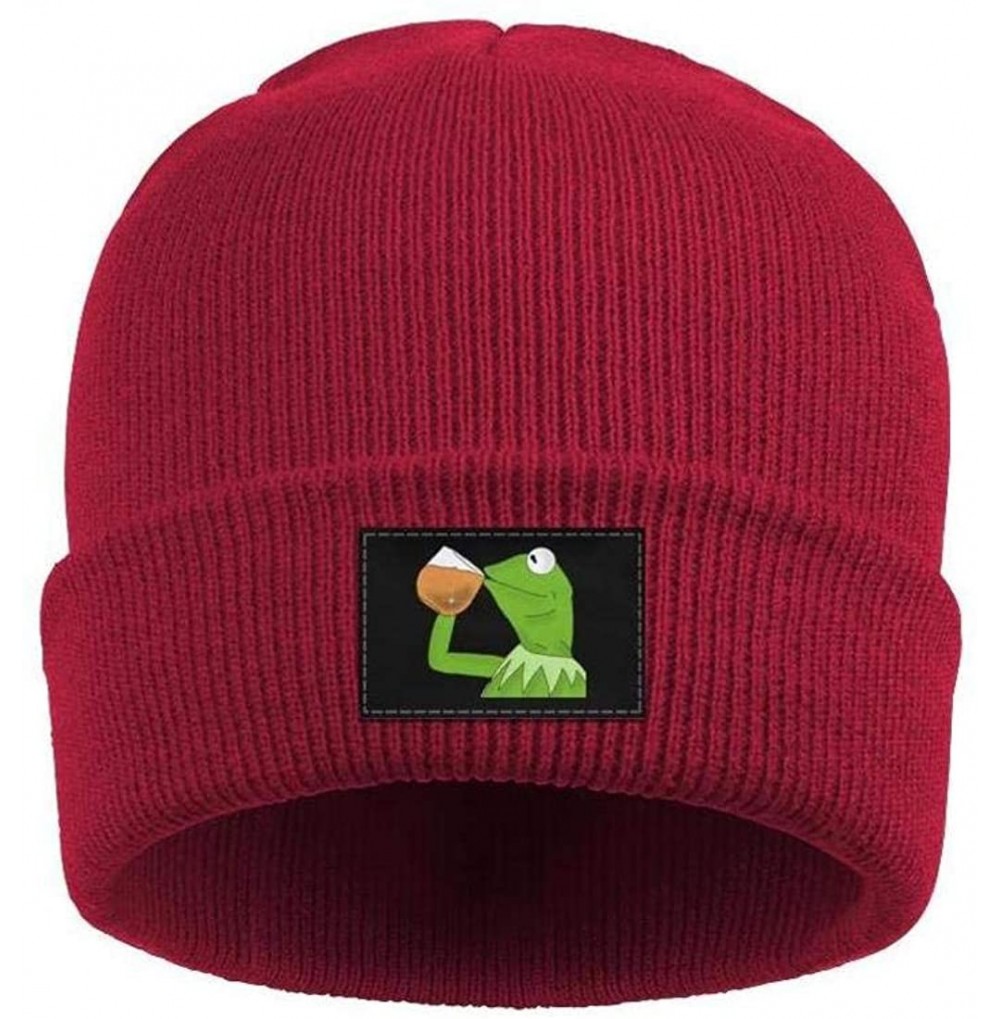 Skullies & Beanies Mens Womens Warm Solid Color Daily Knit Cap Funny-Green-Frog-Sipping-Tea Headwear - Red-3 - CO18NHWUWHD