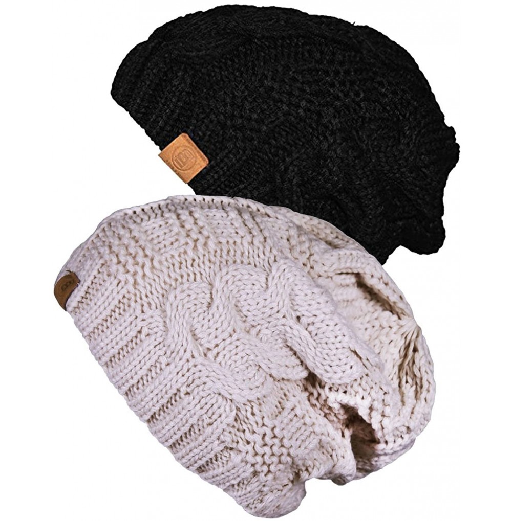 Skullies & Beanies Unisex Warm Chunky Soft Stretch Cable Knit Beanie Cap Hat - 2pk Black/Ivory 102 - CN12O4ULXSX