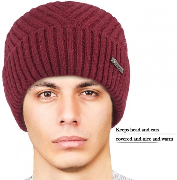 Skullies & Beanies Men's Wool Blend Knit Beanie- Soft & Warm Velour Fleece Lined - Twill Weave - Burgundy - CQ12O42CP3O