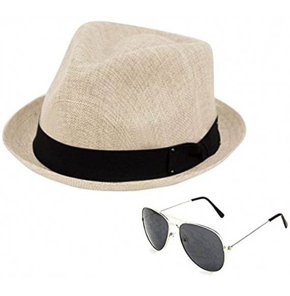 Sun Hats Men's Summer Lightweight Linen Fedora Hat with Aviator Sunglasses - Natural 62 - CK18DT0Q5K0