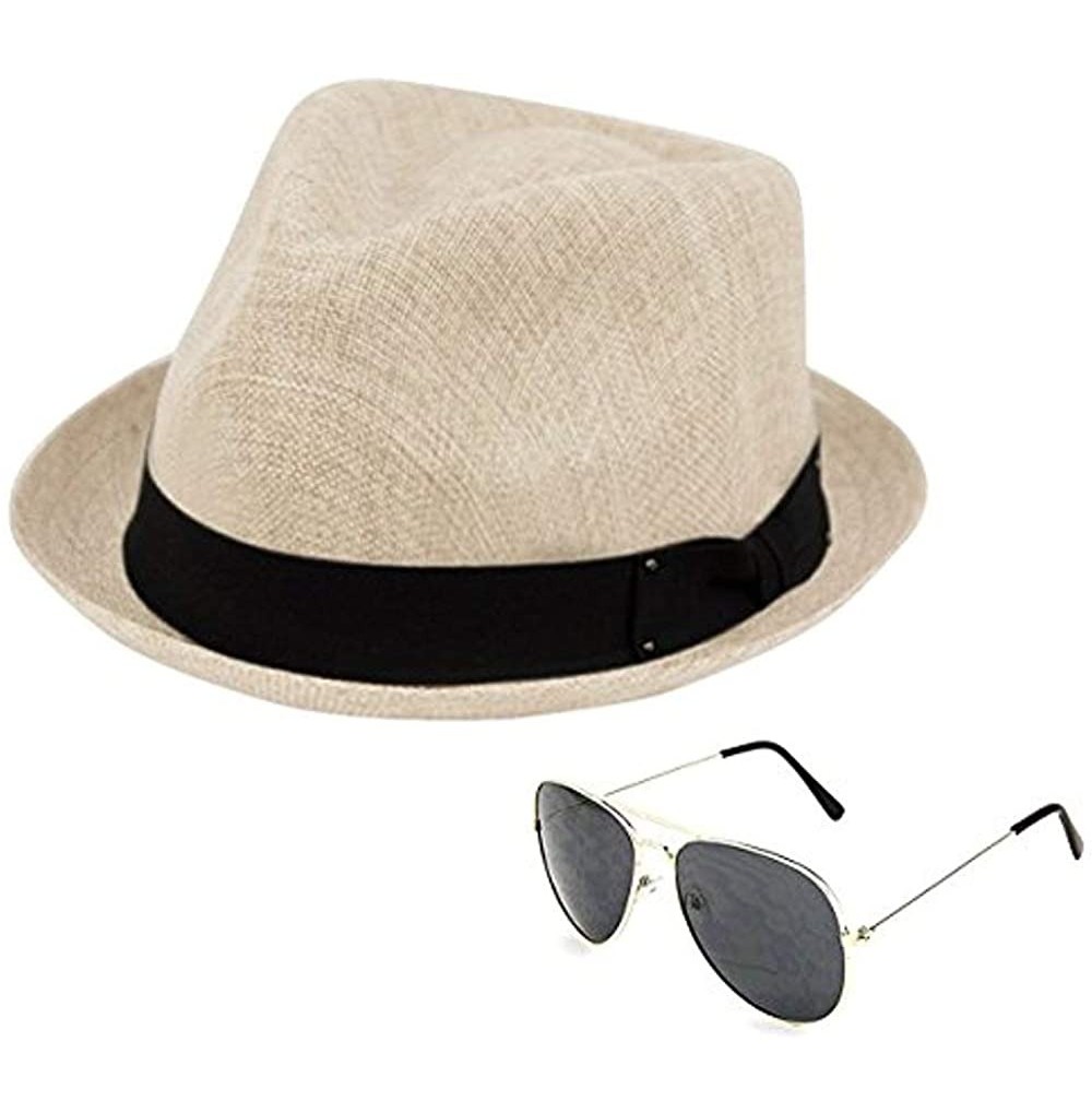 Sun Hats Men's Summer Lightweight Linen Fedora Hat with Aviator Sunglasses - Natural 62 - CK18DT0Q5K0