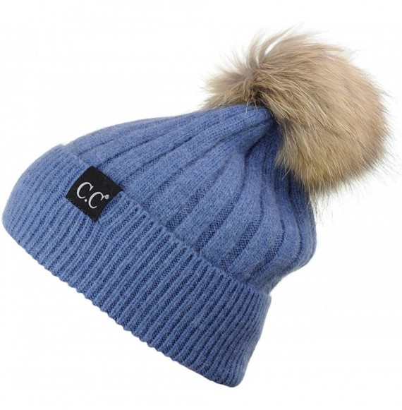 Skullies & Beanies Angora Knit Natural Fox Fur Pom Cuff Beanie Hat w/Black Label - Denim - CH12NH6XUTY