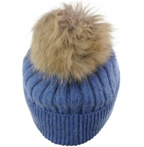 Skullies & Beanies Angora Knit Natural Fox Fur Pom Cuff Beanie Hat w/Black Label - Denim - CH12NH6XUTY