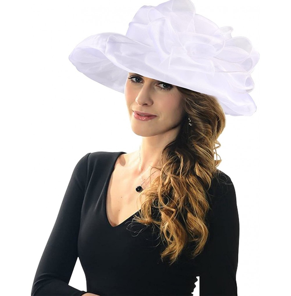 Sun Hats Womens Organza Kentucky Derby Church Party Floral Wide Brim Summer Hat - White - CJ12J0EO7ST