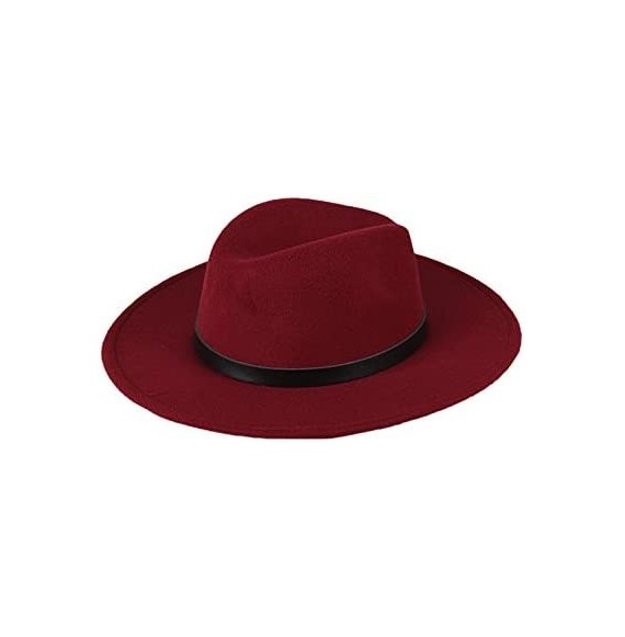 Fedoras Women Wide Brim Vintage Wool Jazz Hat Panama Hat with Belt (Black- One Size) - Wine Red - CQ1888OLDAT