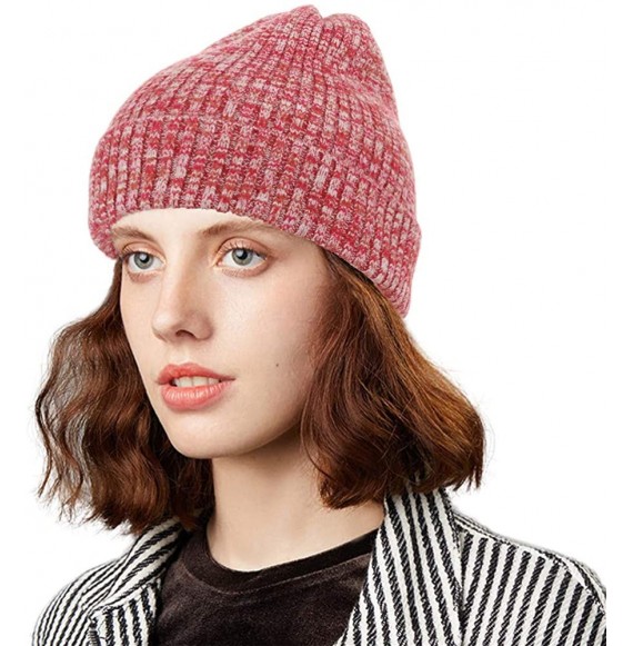 Skullies & Beanies Heather Knit Beanie for Women & Men - Thick Soft Warm Winter Hat - Slouchy Wool Beanie - Mix Red - CF18YG2...