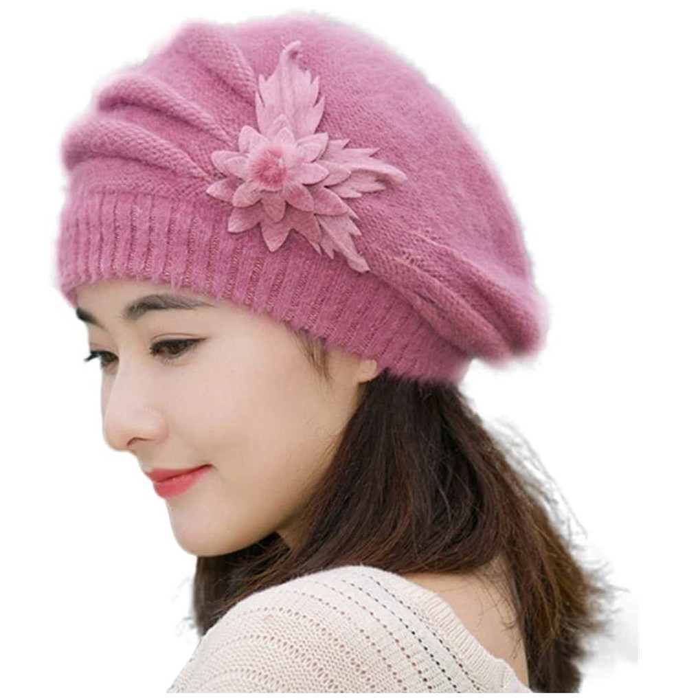 Berets Women Winter Warm Cap Knit Hat Beret Wool Snow Ski Caps Visor - Pink - CO18M4YZQD7