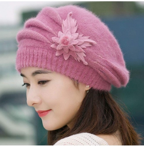 Berets Women Winter Warm Cap Knit Hat Beret Wool Snow Ski Caps Visor - Pink - CO18M4YZQD7