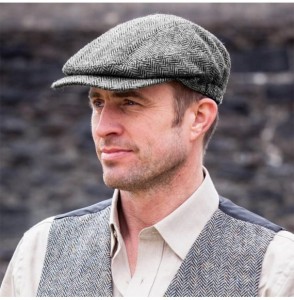 Newsboy Caps Men's Authentic Irish Wool Flat Cap - Traditional Herringbone Style- Made in Ireland- Gray - CN11HP55DCZ