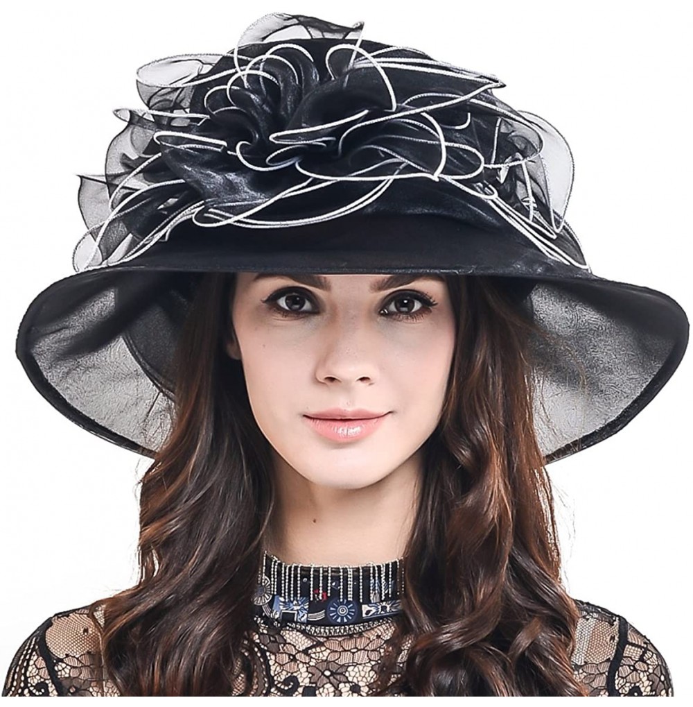 Sun Hats Ladies Kentucky Derby Church Hat Wide Brim Leaf Flower Bridal Dress Hat s037 - Plain-black - CZ17YIYDZ46