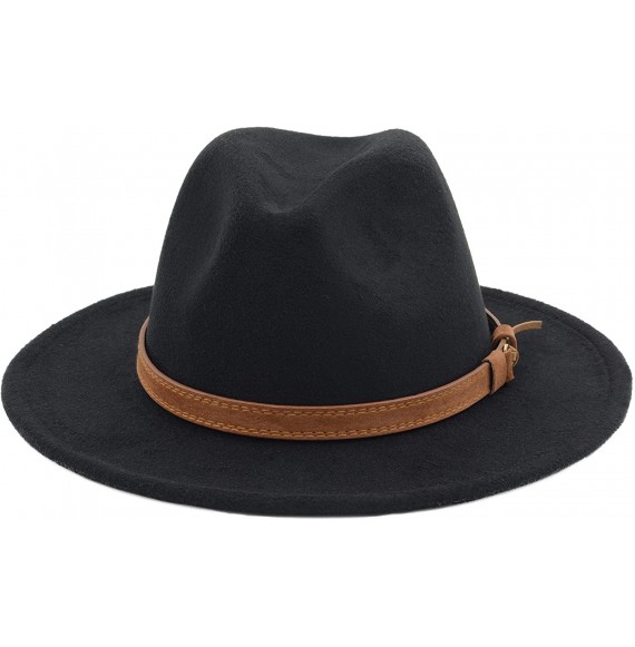 Fedoras Classic Wide Brim Women Men Fedora Hat with Belt Buckle Felt Panama Hat - Black - CW18ZCONXDA