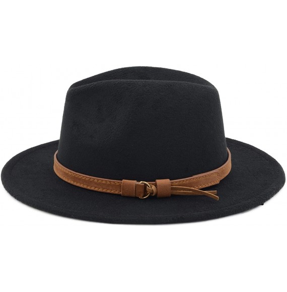 Fedoras Classic Wide Brim Women Men Fedora Hat with Belt Buckle Felt Panama Hat - Black - CW18ZCONXDA
