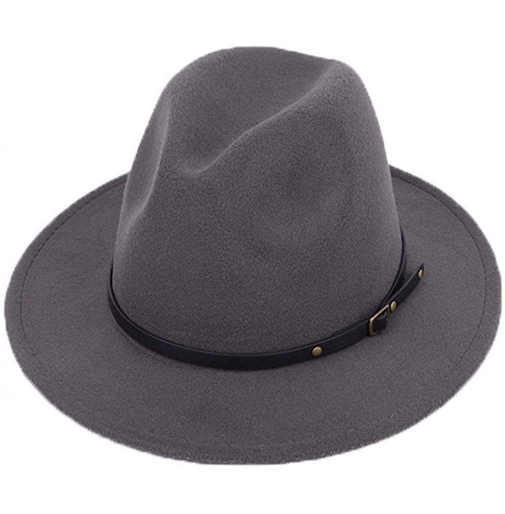 Fedoras Women Lady Vintage Retro Wide Brim Wool Fedora Hat Panama Cap with Belt Buckle - Dark Grey - CP18A6ANMT9