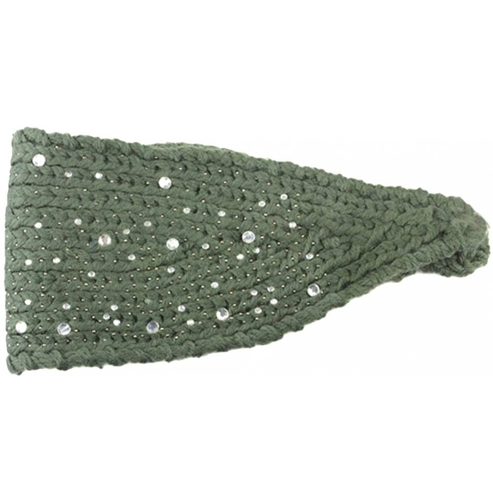 Skullies & Beanies Women Fashion Crochet Rhinestone Headband Knitted Hat Cap Headwrap Band - Green - CK187INQ7Y5