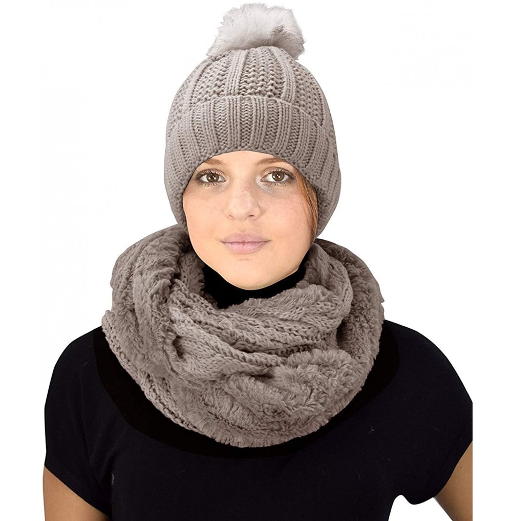 Skullies & Beanies Thick Warm Crochet Beanie Hat & Plush Fur Lined Infinity Loop Scarf Set - Taupe 98 - CZ18YHES5IH