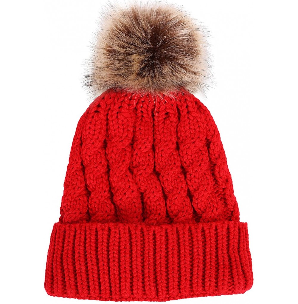 Skullies & Beanies Winter Hand Knit Beanie Hat with Faux Fur Pompom - Red - CI12MZQ2S9E