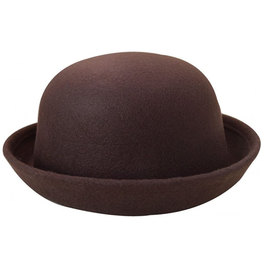 Fedoras Women Wool Felt Bowler Hat Derby Church Fedora Hat Roll-up Brim Party Hat - Brown - CW18KY90A6R
