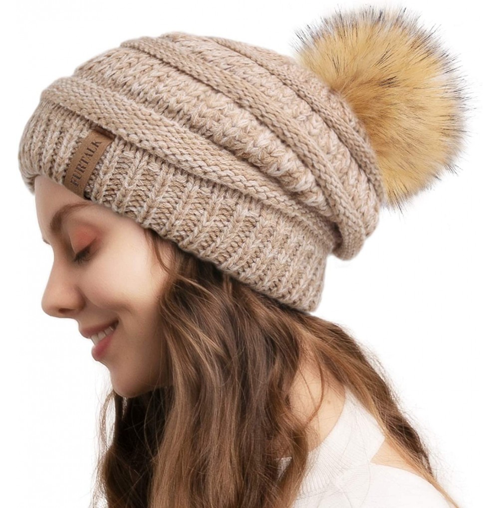 Skullies & Beanies Womens Winter Knit Slouchy Beanie Hat Warm Skull Ski Cap Faux Fur Pom Pom Hats for Women - C718UCKL4CM