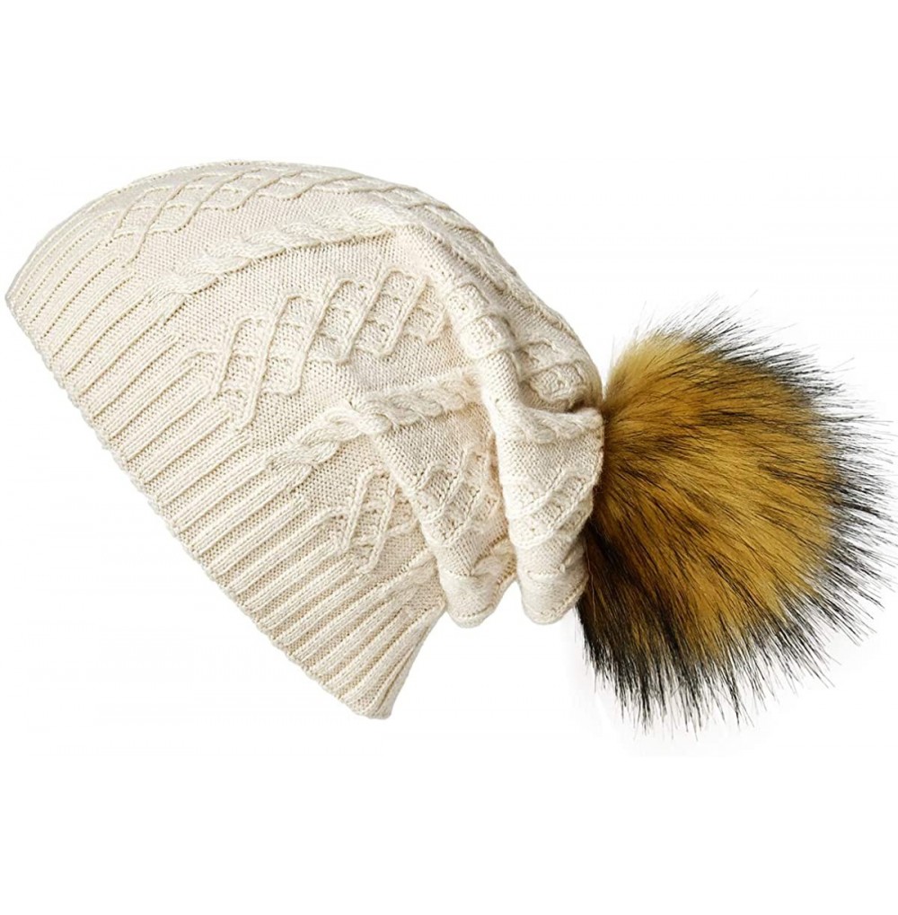 Skullies & Beanies Womens Winter Knit Beanie Hats with Fur Pom Pom Thick Warm Lined Slouchy Beanie Hat Ski Caps - C318HXN6S7Z
