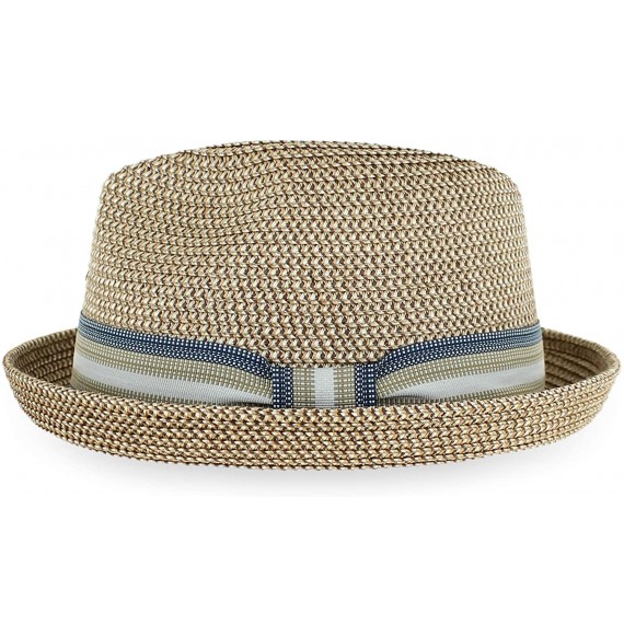 Fedoras Belfry Men Women Summer Straw Trilby Fedora Hat in Blue Tan Black - Blaketan - CF18LQQGK62
