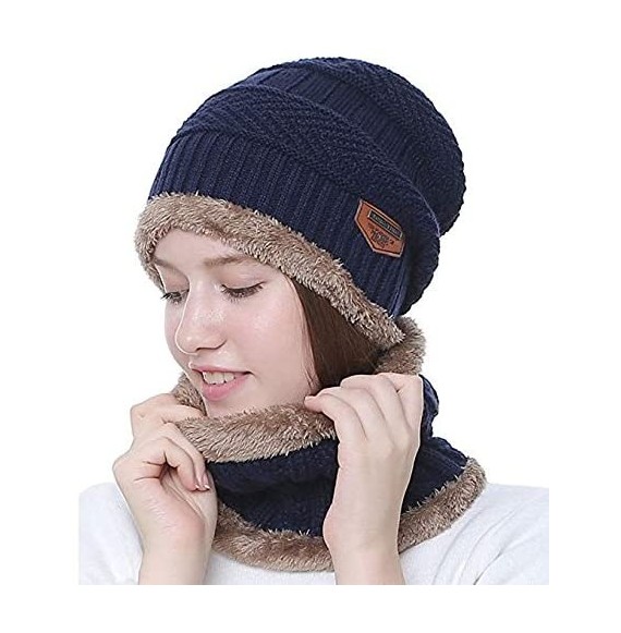 Skullies & Beanies Winter Hat 2-Pieces Warm Knitted Hat and Circle Scarf Set Outdoors Scarf Beanie Skull Cap for Winter - Nav...