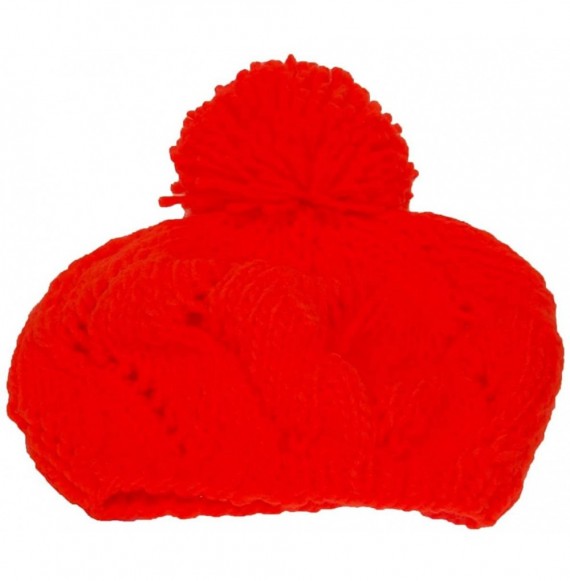 Berets Hand Knit Solid Color Twist Knit Winter Beret W/Large Pom Pom(One Size) - Neon Orange - C811P3DFNSF