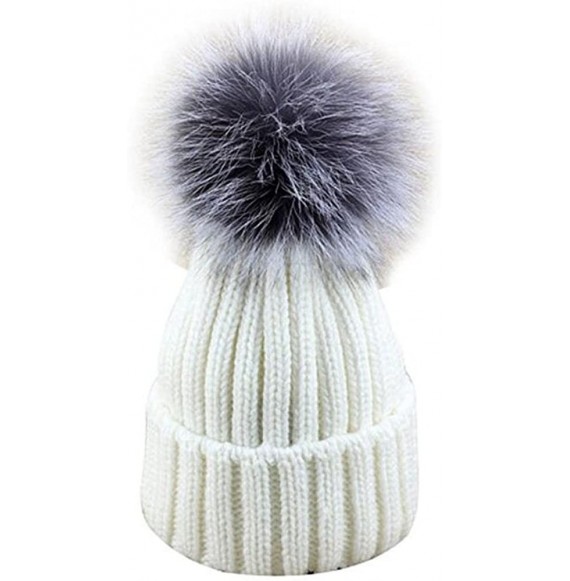 Skullies & Beanies Womens Girls Knitted Fur Hat Real Large Silver Fox Fur Pom Pom Beanie Hats - C2183MU83ZH