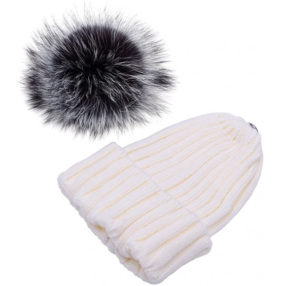 Skullies & Beanies Womens Girls Knitted Fur Hat Real Large Silver Fox Fur Pom Pom Beanie Hats - C2183MU83ZH