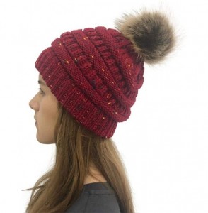 Skullies & Beanies Women Winter Warm Fur Ball Hat Fashion Crochet Knitted Wool Cap Cozy Headgear Hats & Caps - Dark Red - C11...